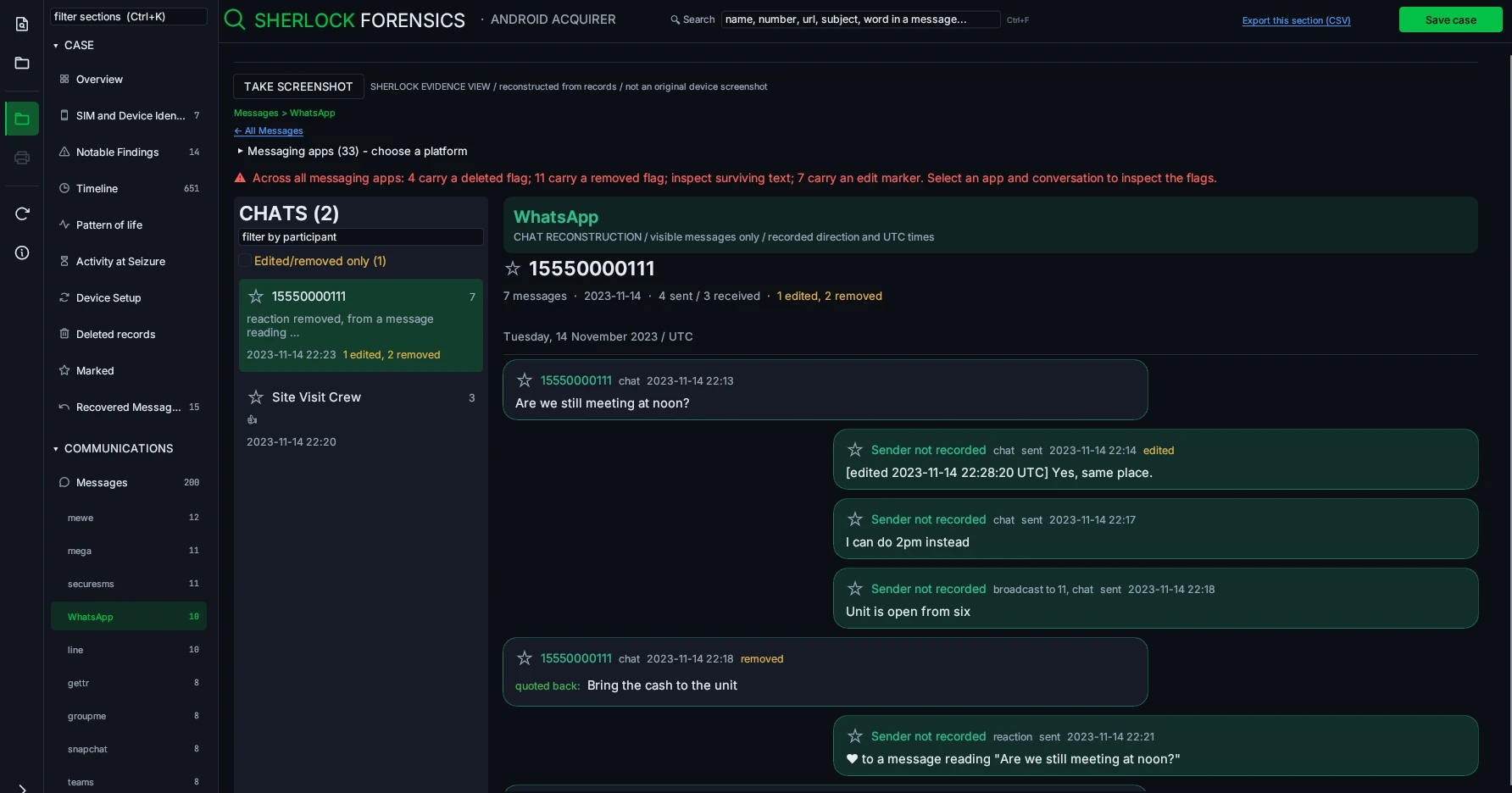 WhatsApp records in the conversation view, using synthetic data.