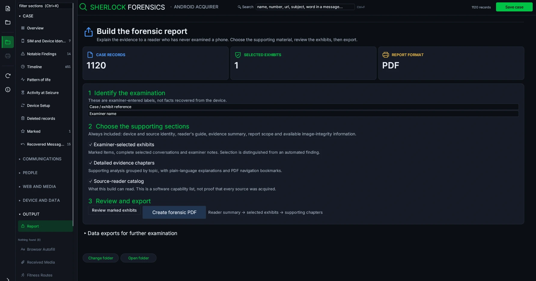 Forensic report preparation screen with selected sections and exhibits, using synthetic data.