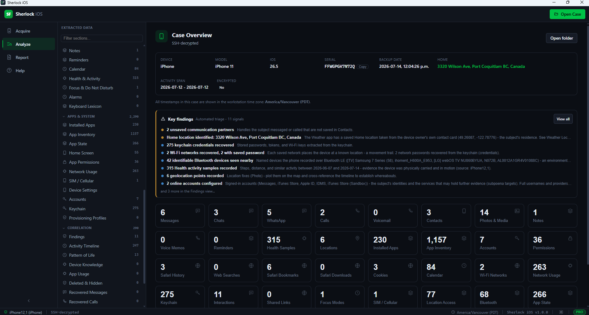 Sherlock Forensics iOS Analyzer dashboard overview showing case summary, device attribution, artifact counts plus investigative highlights at a glance