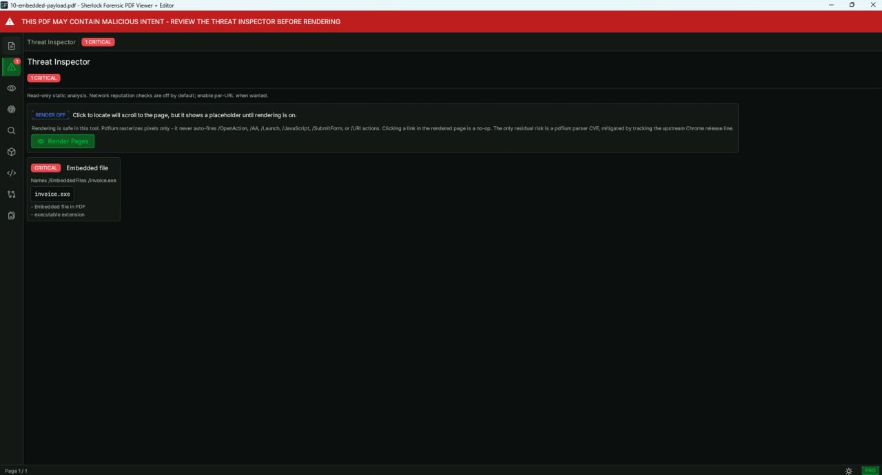 Sherlock Forensic PDF Viewer detecting embedded payload hidden inside a PDF file with hash and file type identification