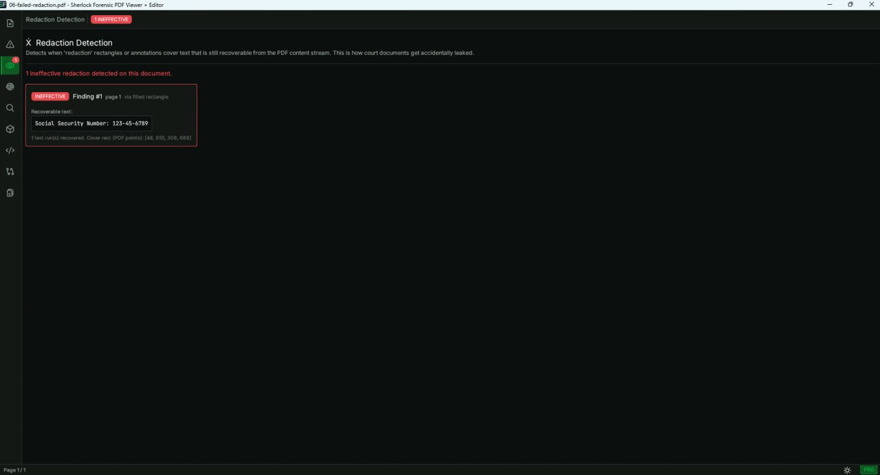 Sherlock Forensic PDF Viewer showing Redaction Lie Detector recovering text hidden under black rectangles in a court document