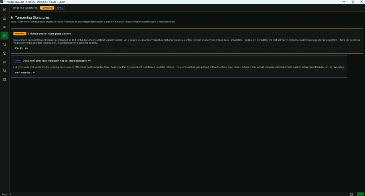 Sherlock Forensic PDF Viewer detecting hidden Optional Content Group layers concealing content in a PDF