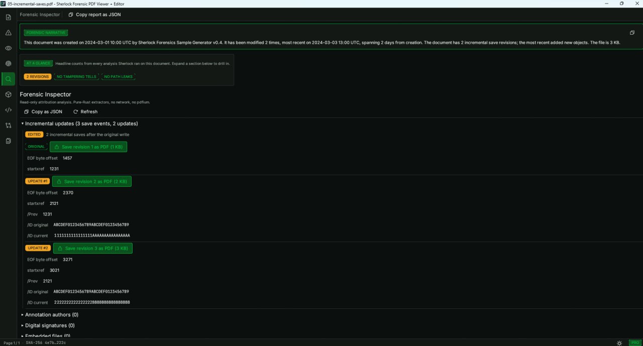 Sherlock Forensic PDF Viewer showing incremental save timeline with every %%EOF byte offset revealing document edit history