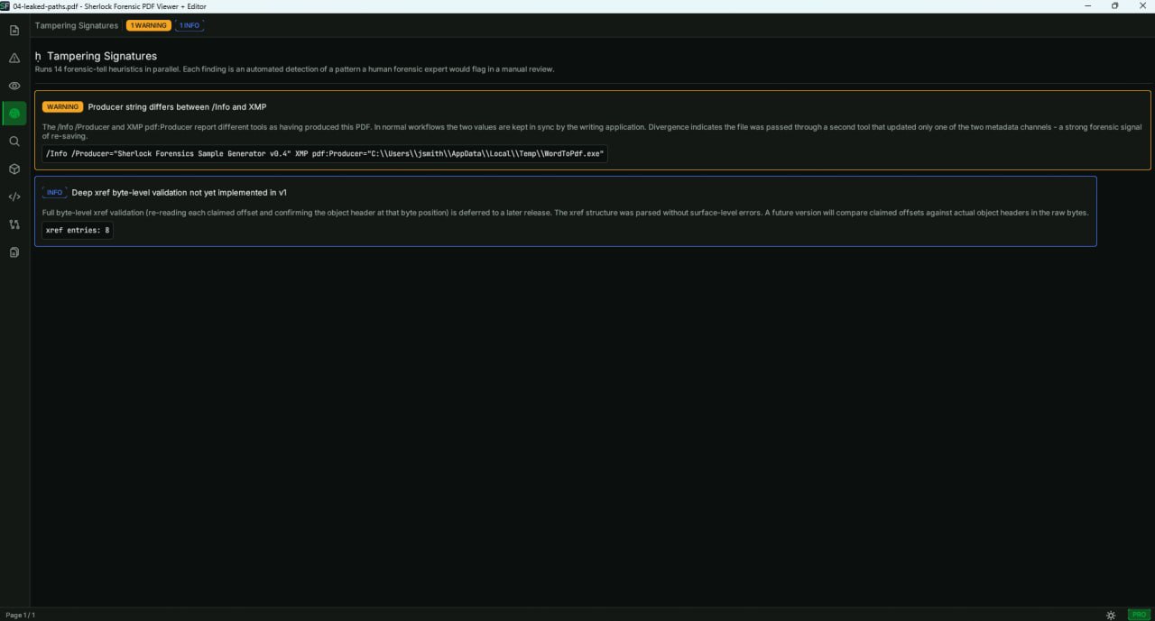 Sherlock Forensic PDF Viewer detecting leaked filesystem paths in PDF metadata revealing Windows username and directory structure