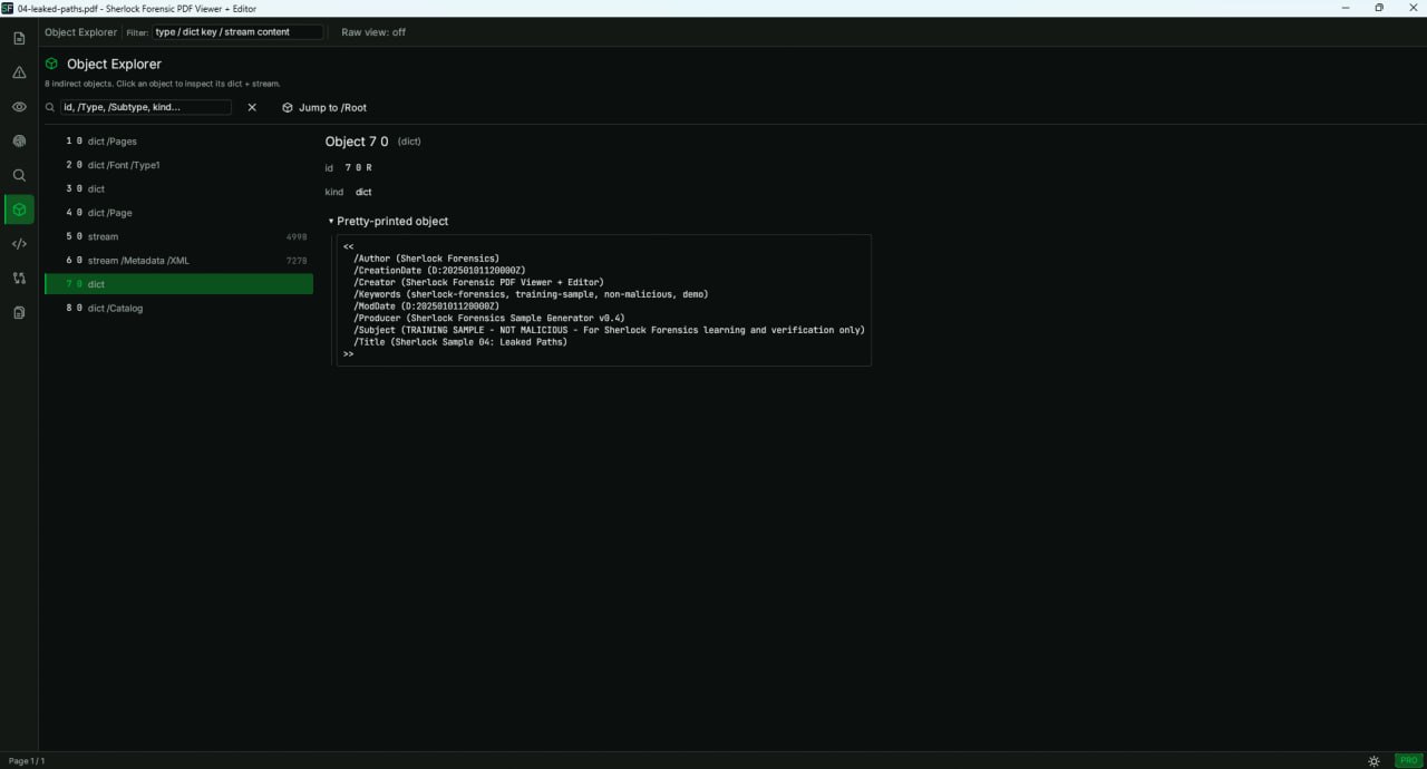 Sherlock Forensic PDF Viewer Object Explorer showing raw PDF object tree with stream view and dictionary pretty-printing