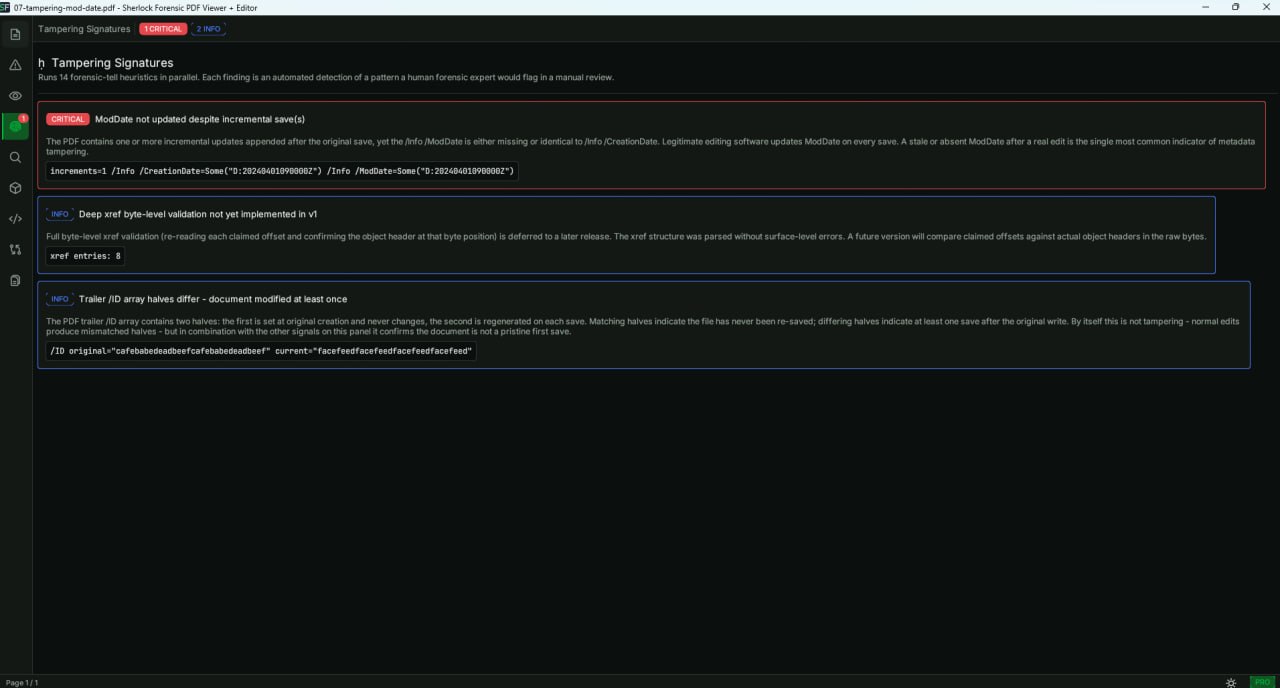 Sherlock Forensic PDF Viewer showing Tampering Signatures panel with severity chips detecting ModDate manipulation and Producer mismatch