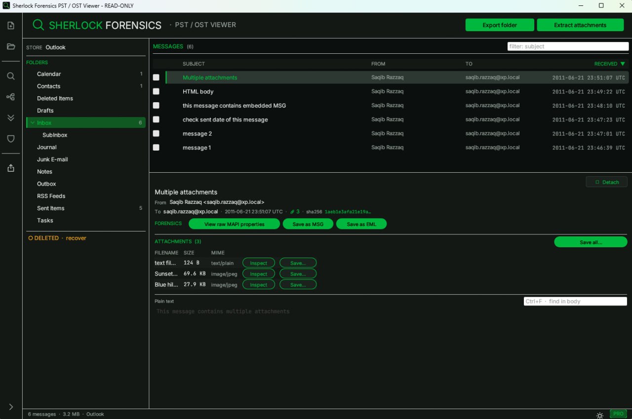 Sherlock Forensics PST Viewer email view with folder tree, message list, attachments and forensic buttons