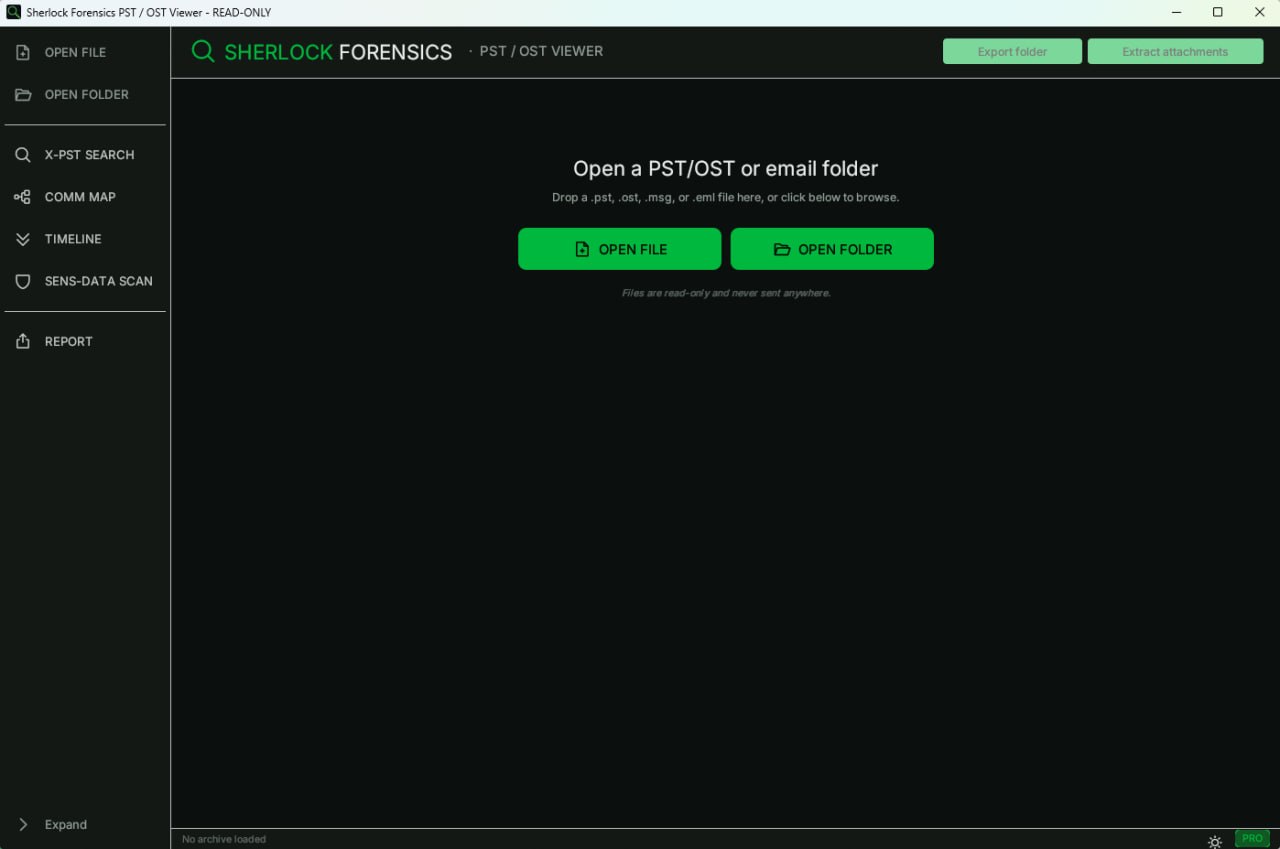 Sherlock Forensics PST Viewer main screen with folder tree and email list