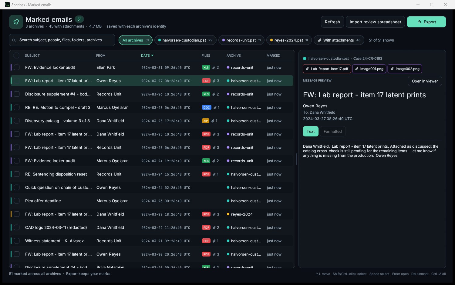 Sherlock Forensics PST Viewer MARKED collection listing marked emails from three PST archives with sortable columns and a message preview