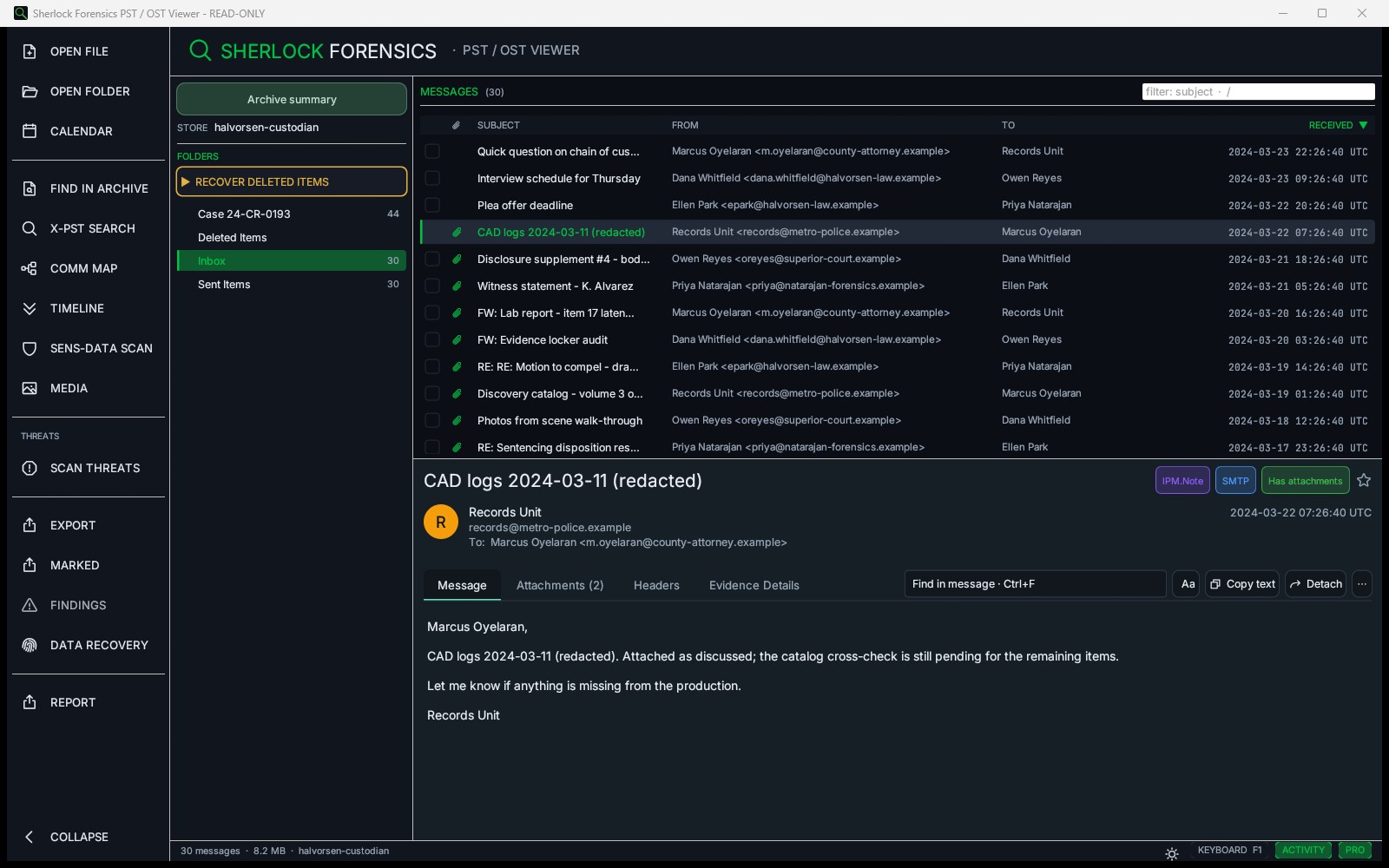 Sherlock Forensics PST Viewer main window with folder tree, message list and message preview