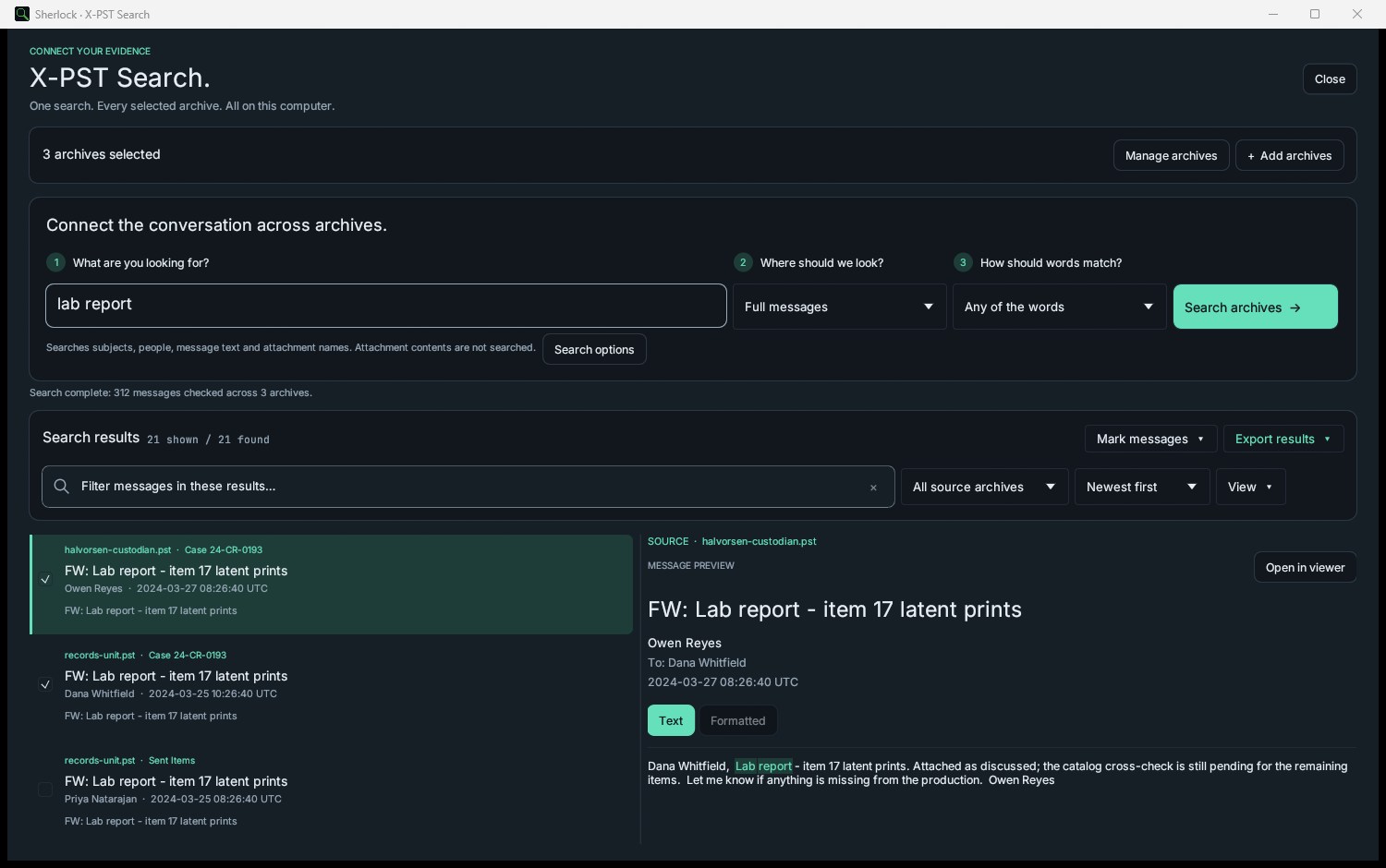 Sherlock Forensics PST Viewer X-PST Search showing results from three archives for one query