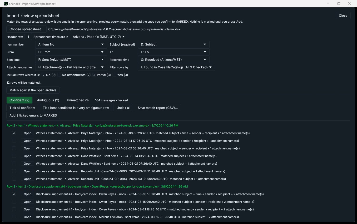 Sherlock Forensics PST Viewer importing a review spreadsheet with confident, ambiguous and unmatched rows