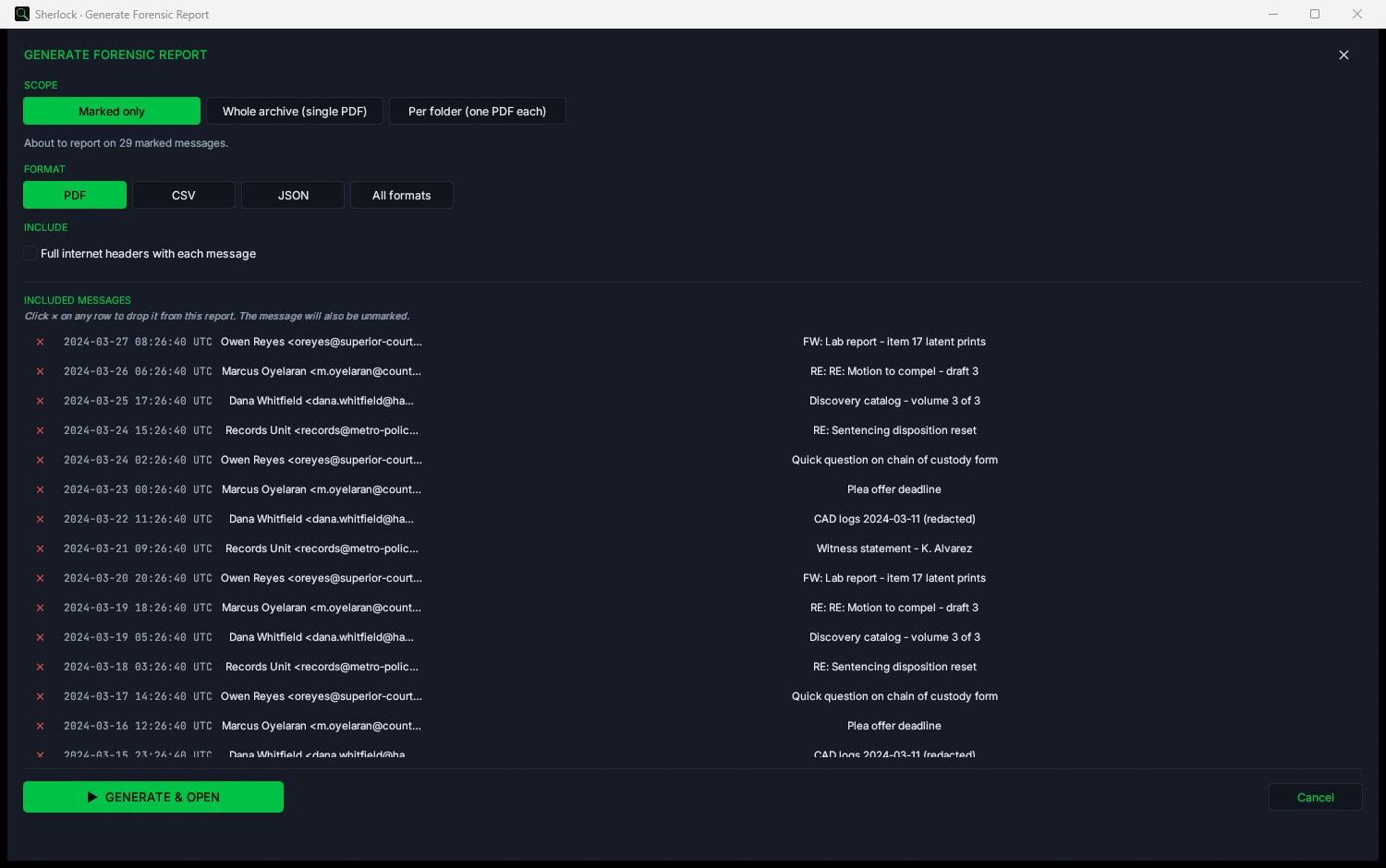 Sherlock Forensics PST Viewer forensic report builder with scope and format options and the marked messages to include