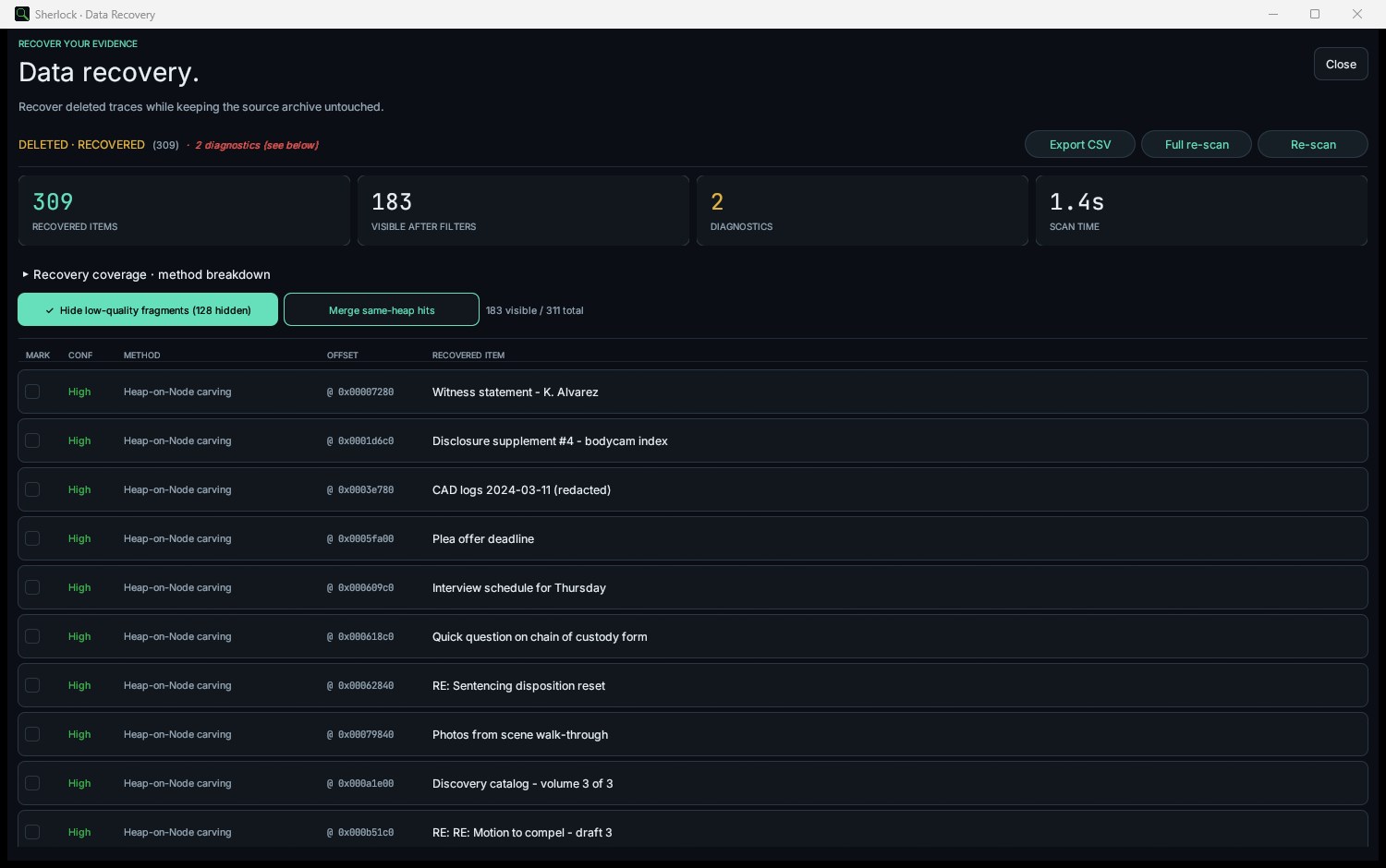 Sherlock Forensics PST Viewer data recovery listing items recovered by heap-on-node carving
