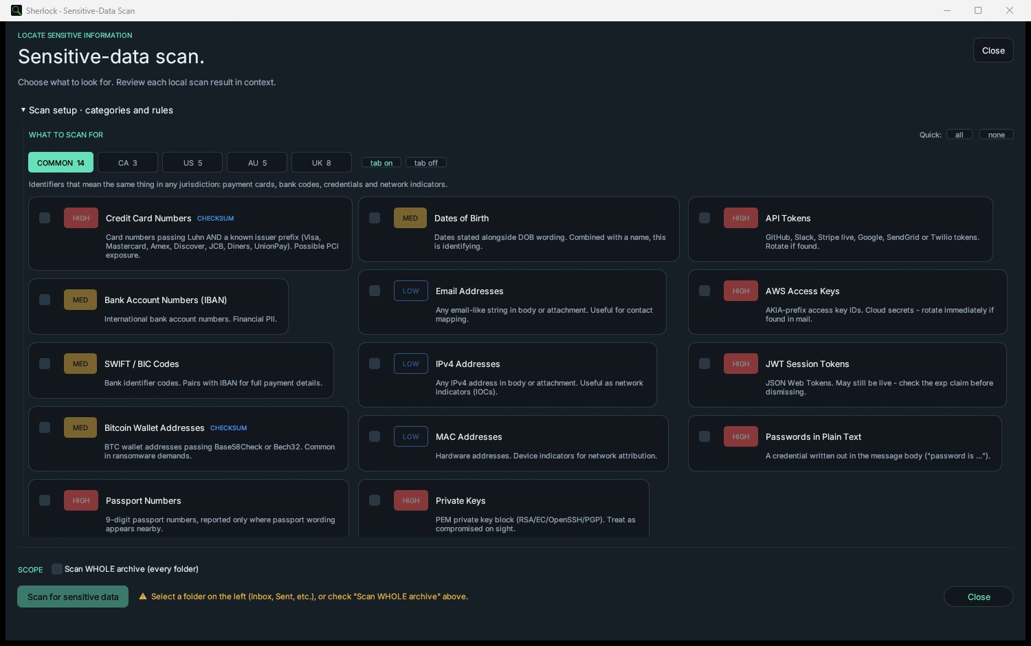 Sherlock Forensics PST Viewer sensitive-data scan with detection categories and severities