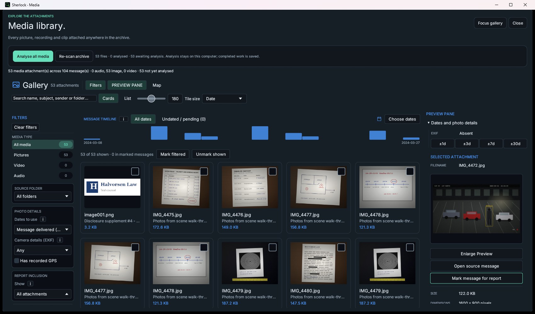 Sherlock Forensics PST Viewer media gallery showing case photos and a CCTV still in the preview pane