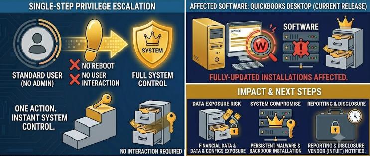 Infographic depicting SF-LABS-2026-03 SILENT NIGHT vulnerability: single-step privilege escalation in an undisclosed major Windows desktop accounting application. One action grants standard user instant SYSTEM control with no reboot and no user interaction. Vendor under embargo.