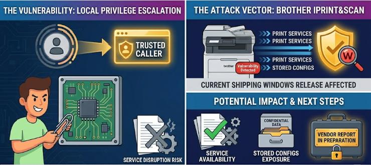 Infographic depicting SF-LABS-2026-04 PARTY LINE vulnerability in Brother iPrint&Scan for Windows: local privilege escalation with potential impact on service availability and stored configuration exposure. Vendor report in preparation.